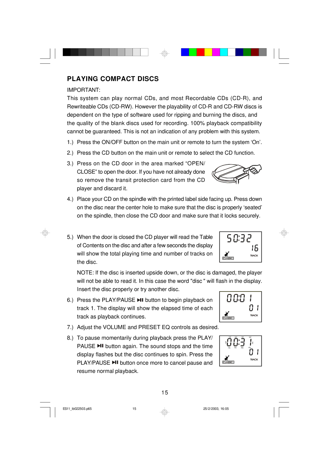 Emerson ES11 owner manual Playing Compact Discs 