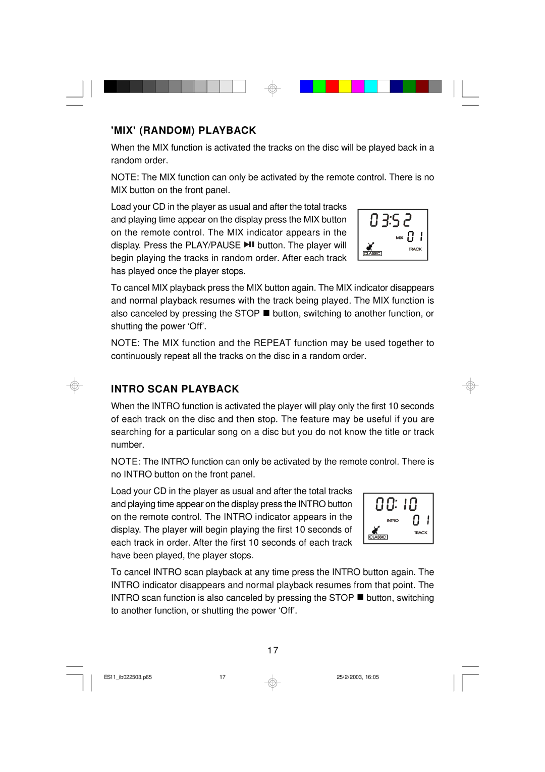 Emerson ES11 owner manual MIX Random Playback, Intro Scan Playback 