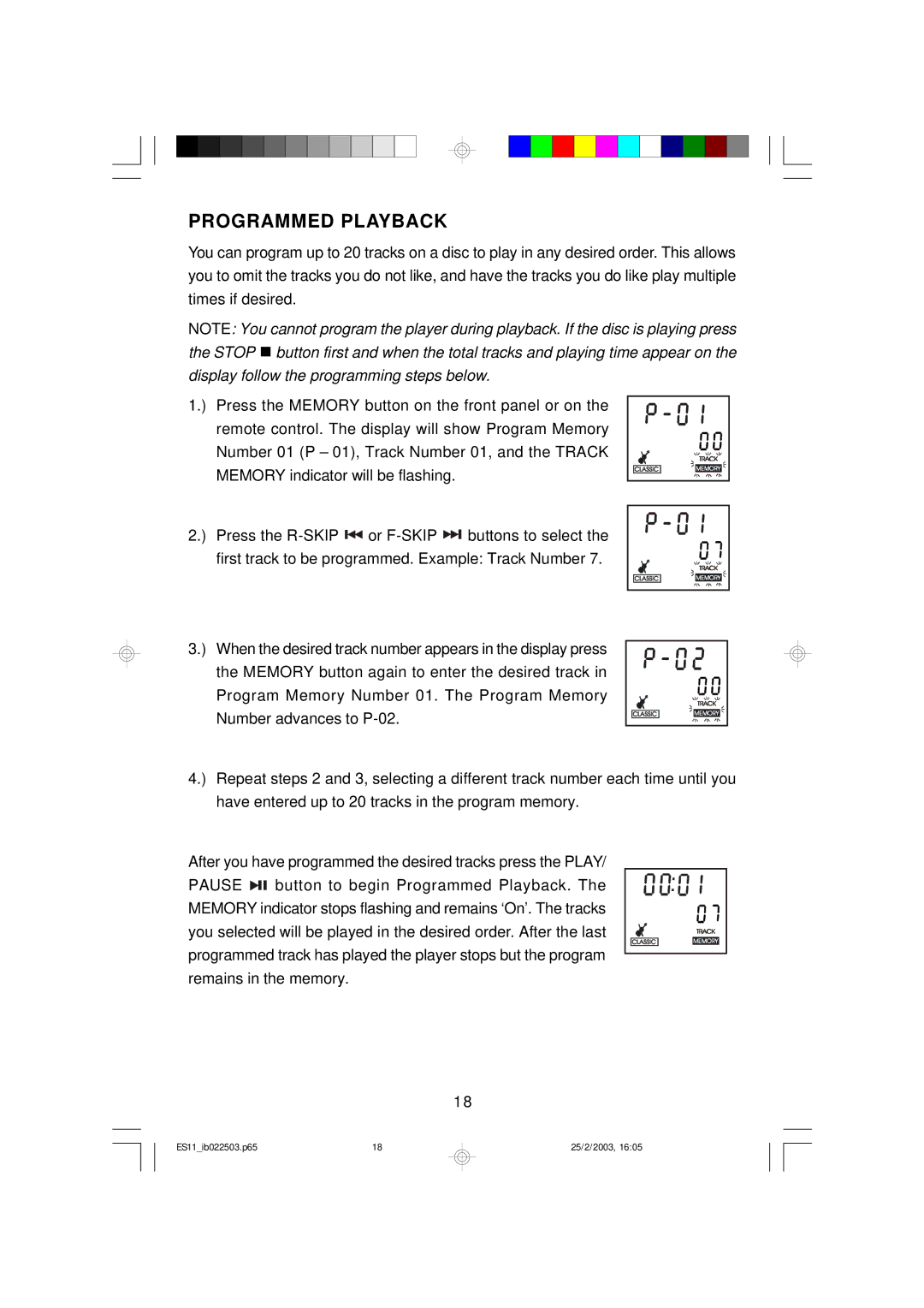 Emerson ES11 owner manual Programmed Playback 