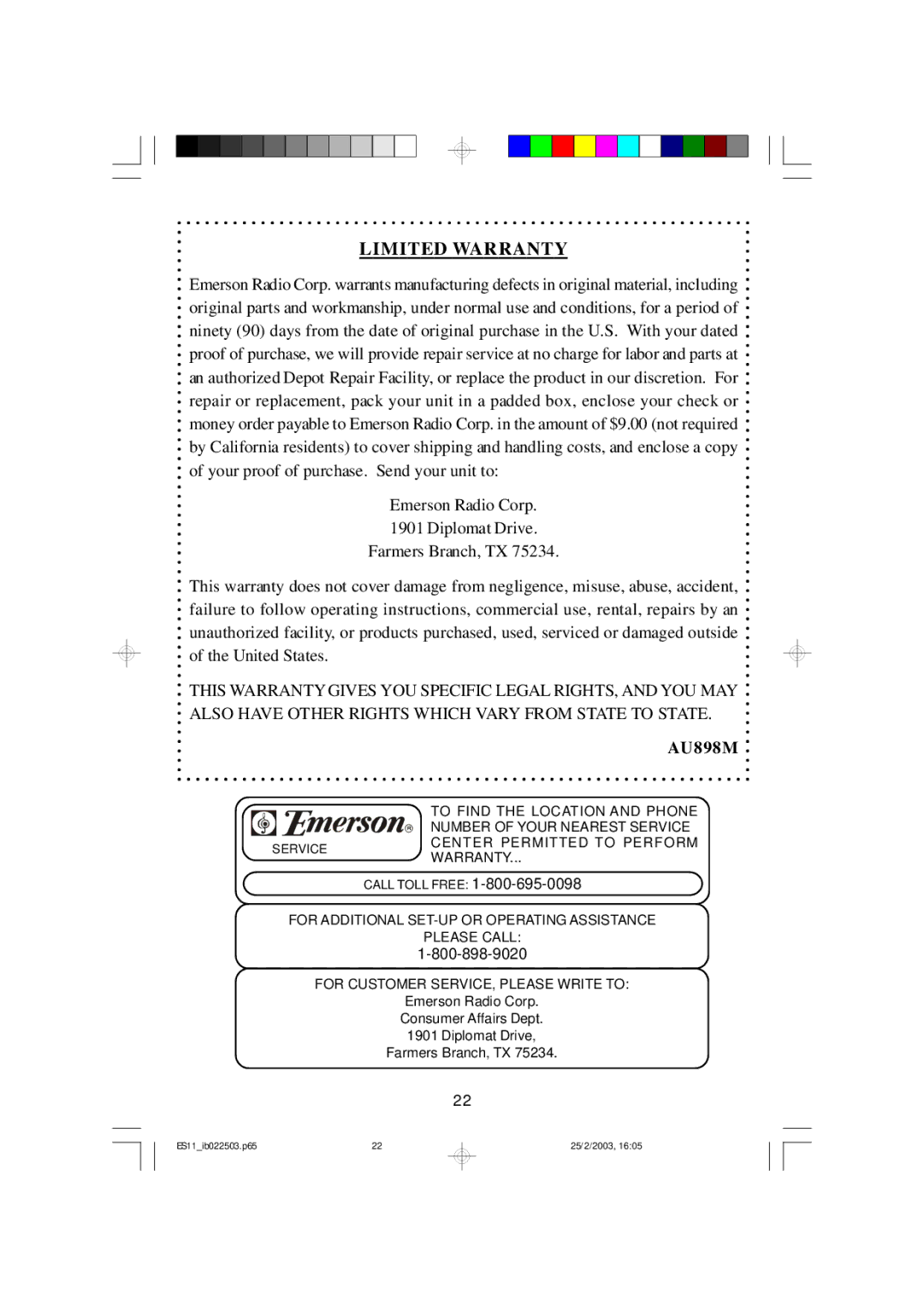 Emerson ES11 owner manual Limited Warranty 