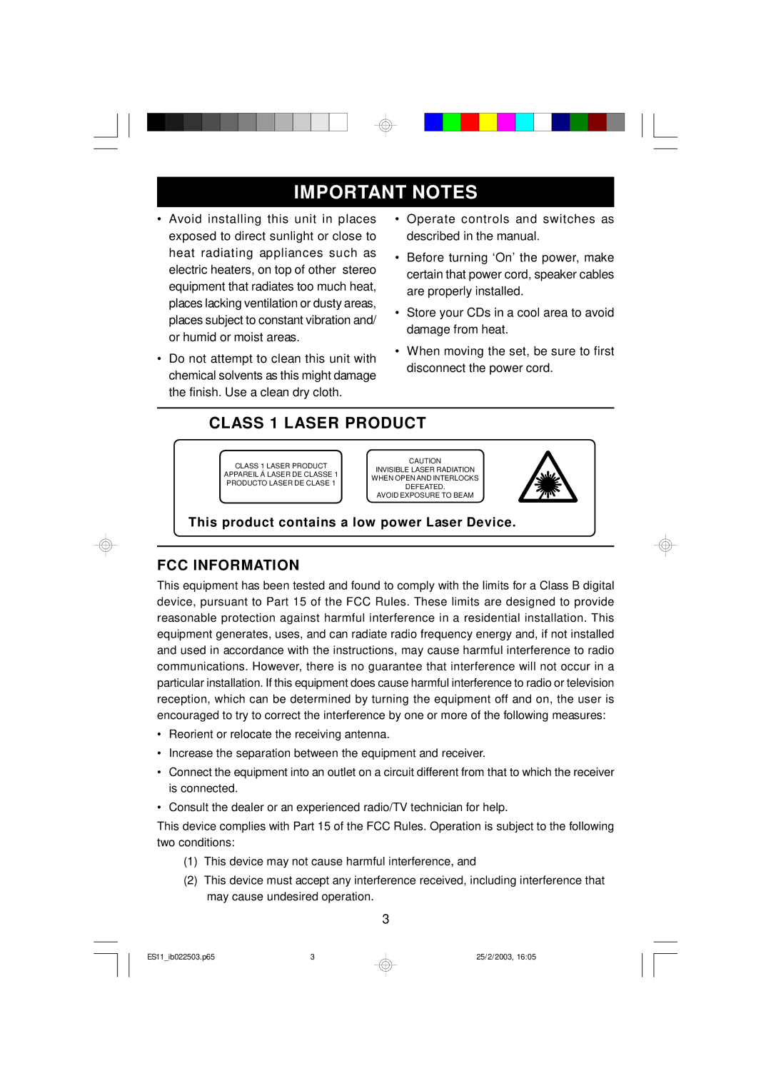 Emerson ES11 owner manual Important Notes, Class 1 Laser Product, FCC Information 