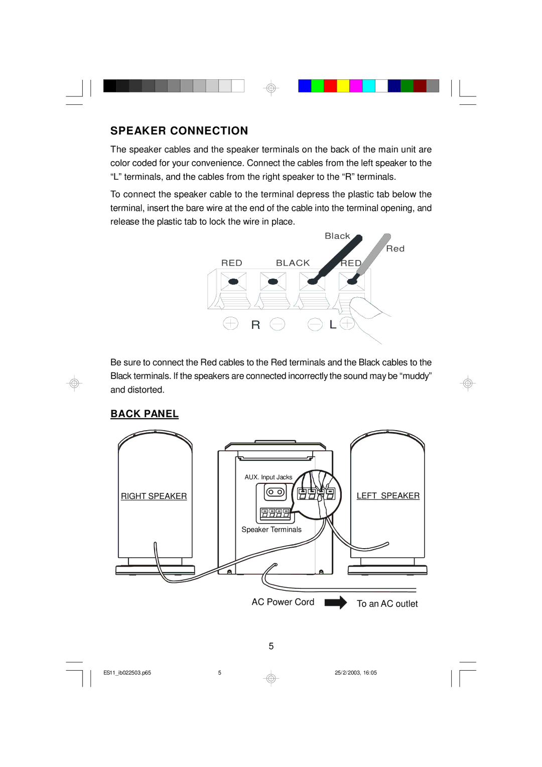 Emerson ES11 owner manual Speaker Connection, Back Panel 