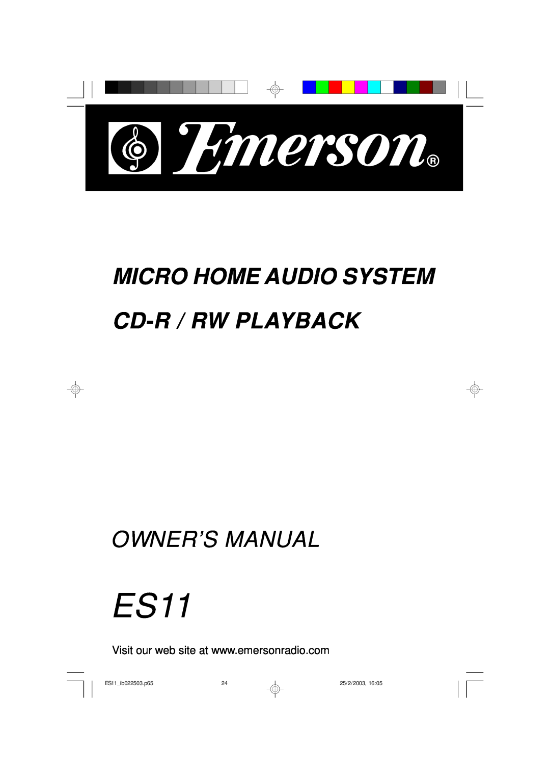 Emerson owner manual Micro Home Audio System Cd-R /Rw Playback, ES11 ib022503.p65, 25/2/2003 
