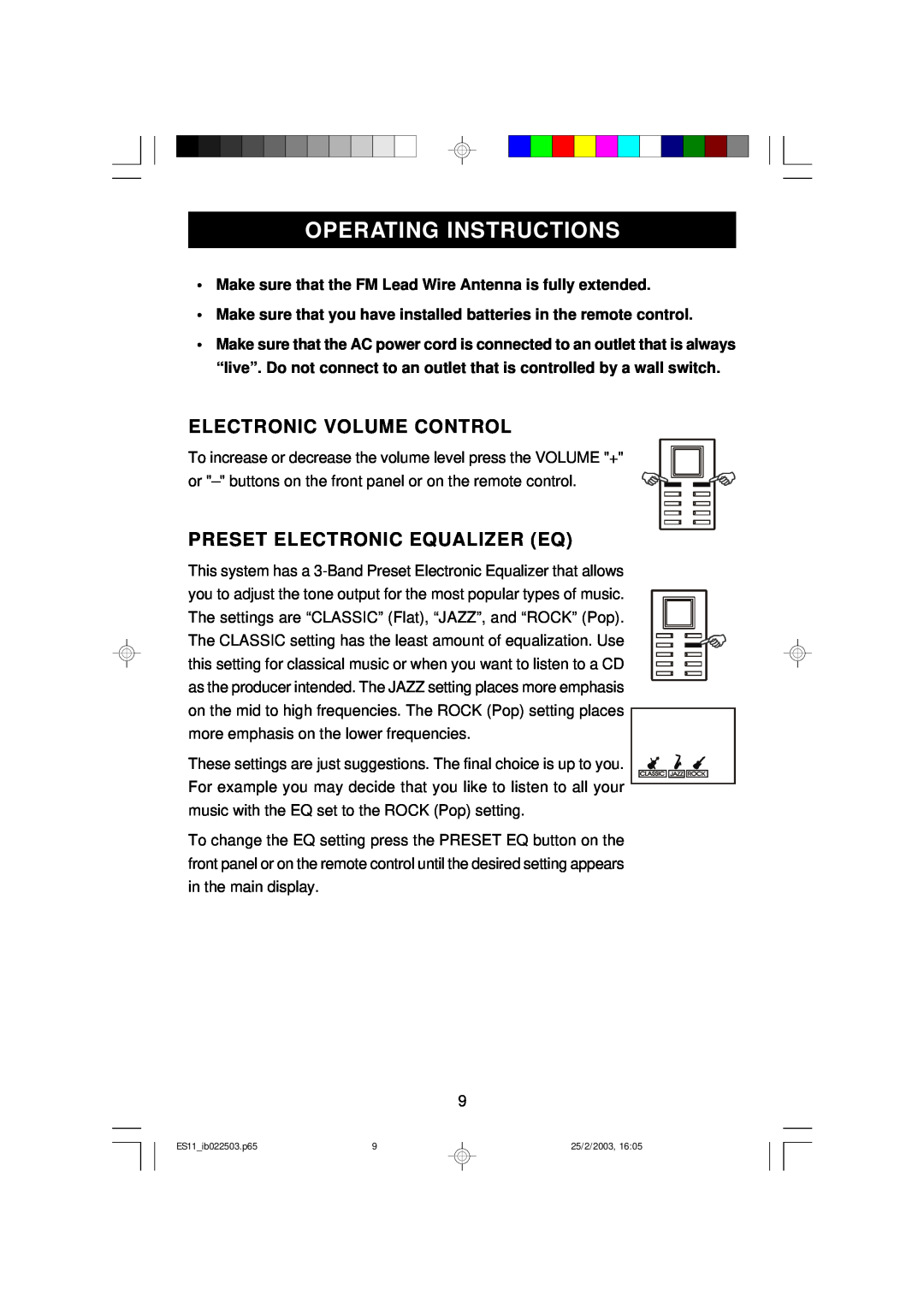 Emerson ES11 owner manual Operating Instructions, Electronic Volume Control, Preset Electronic Equalizer Eq 