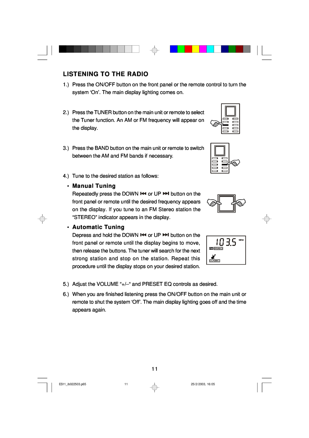 Emerson ES11 owner manual Listening To The Radio, Manual Tuning, Automatic Tuning 