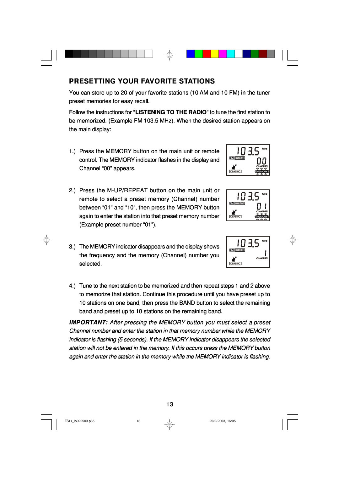 Emerson ES11 owner manual Presetting Your Favorite Stations 