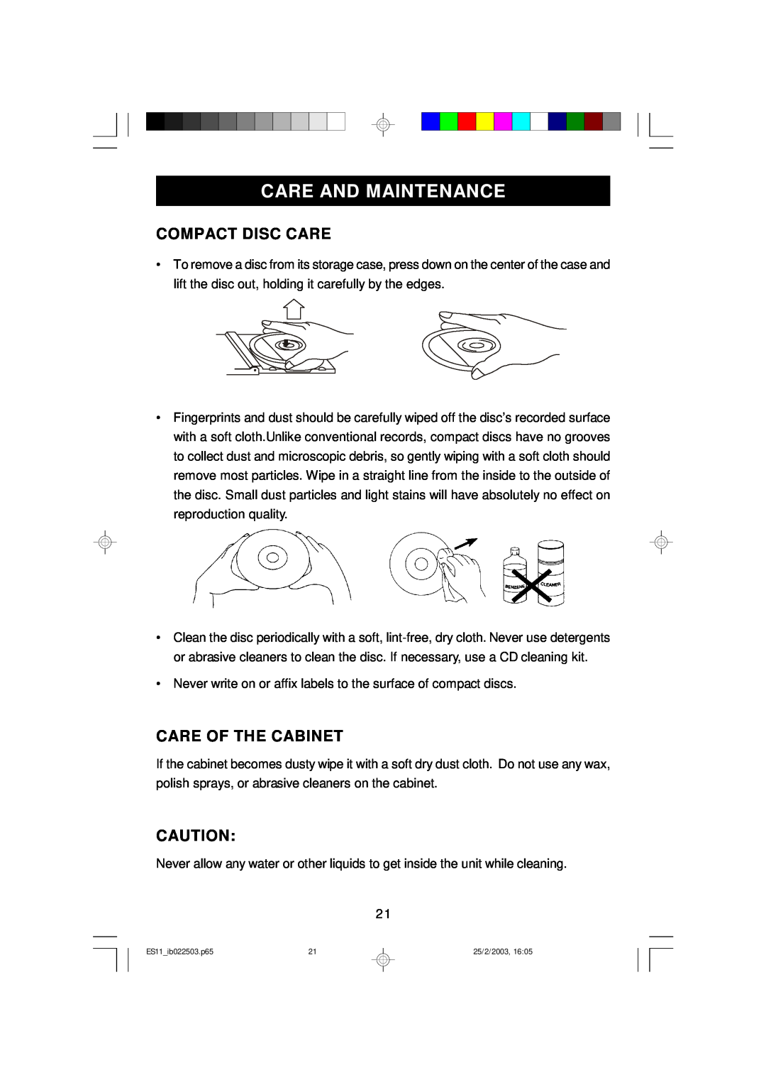 Emerson ES11 owner manual Care And Maintenance, Compact Disc Care, Care Of The Cabinet 