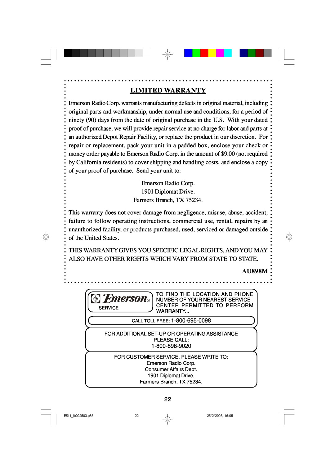 Emerson ES11 owner manual Limited Warranty, AU898M 