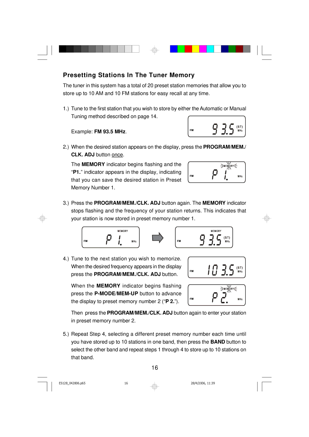 Emerson ES128 owner manual Presetting Stations In The Tuner Memory, Example FM 93.5 MHz 