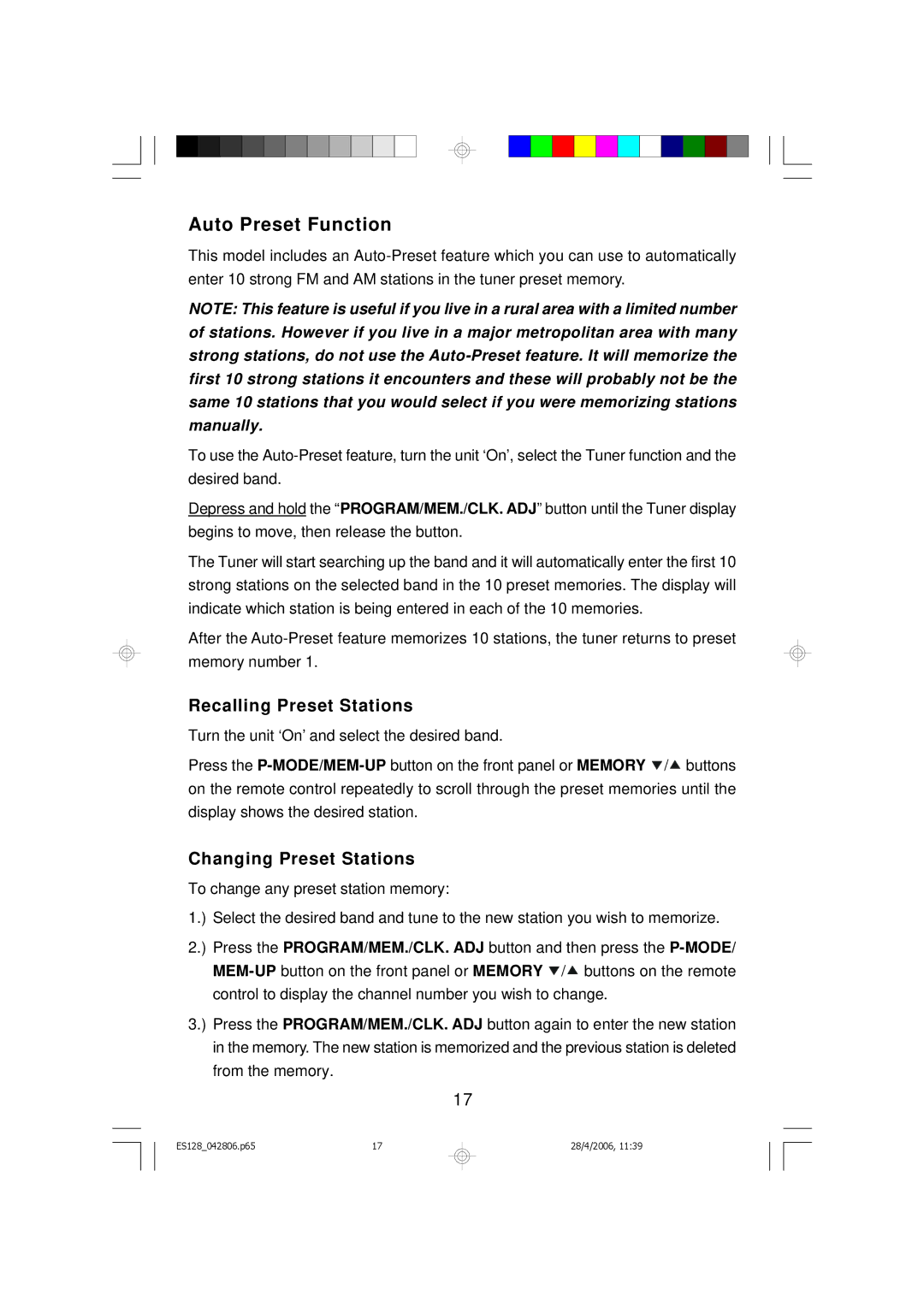 Emerson ES128 owner manual Auto Preset Function, Recalling Preset Stations, Changing Preset Stations 