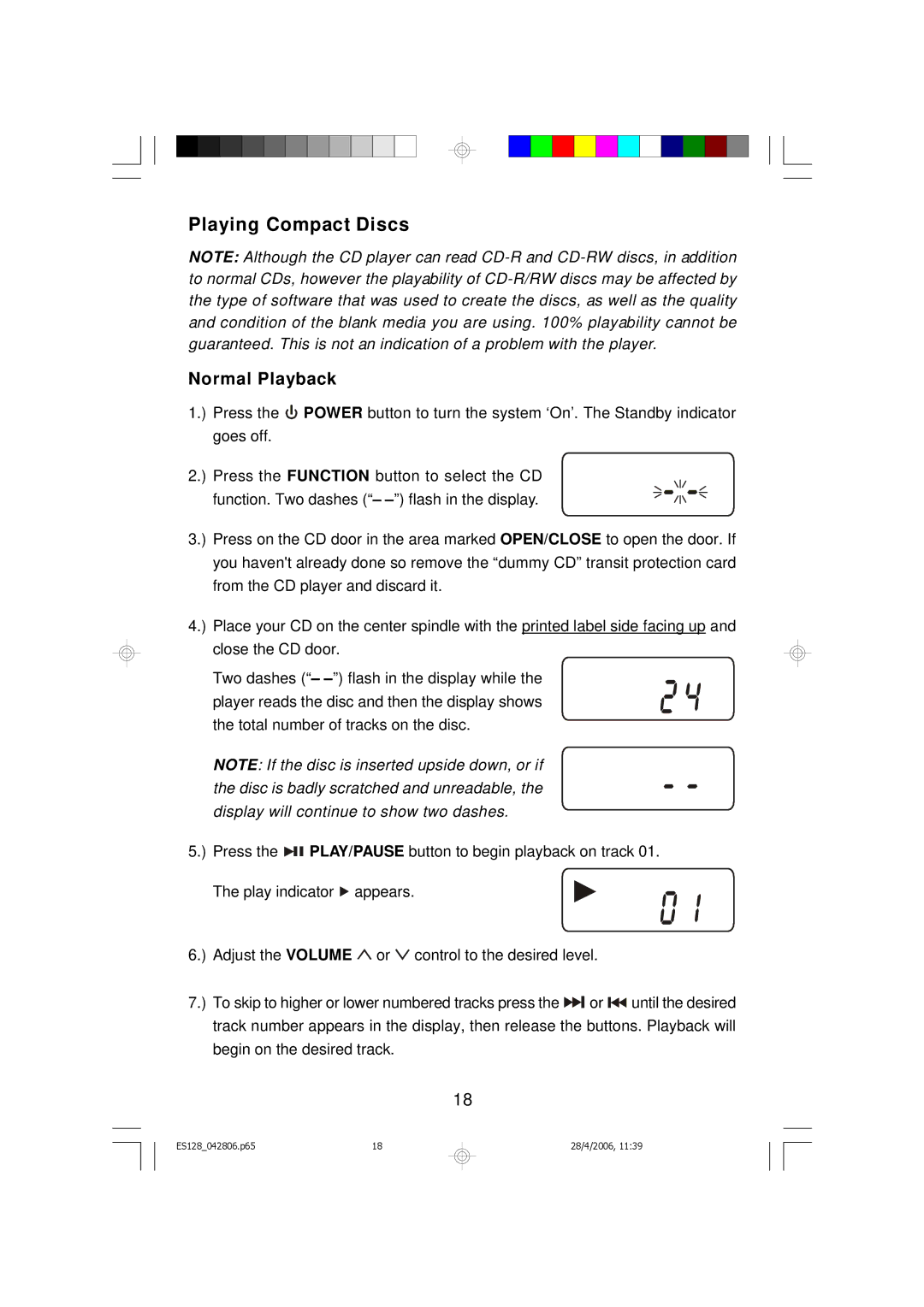 Emerson ES128 owner manual Playing Compact Discs, Normal Playback 