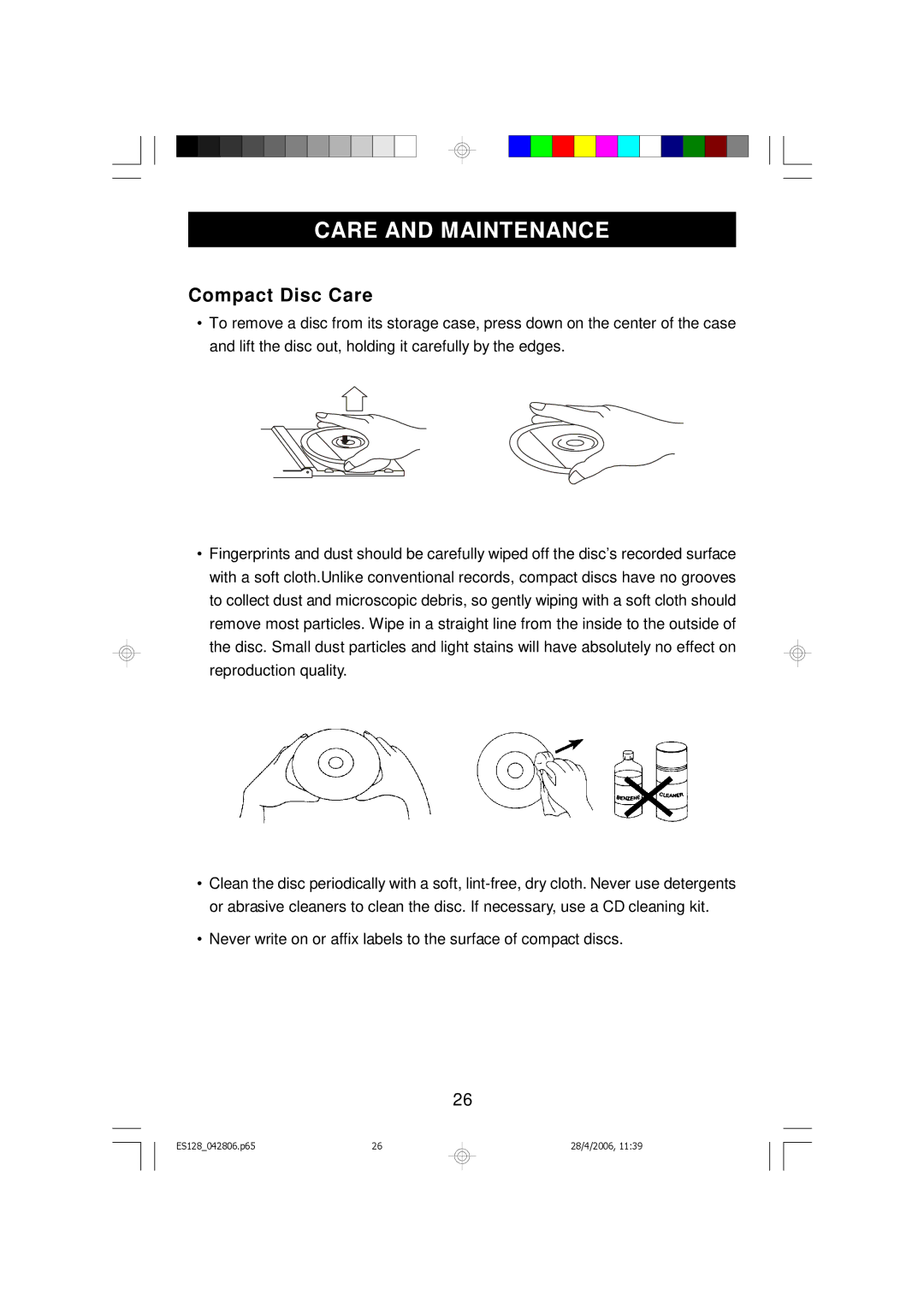 Emerson ES128 owner manual Care and Maintenance, Compact Disc Care 