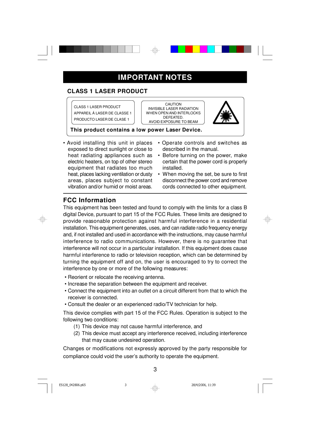 Emerson ES128 owner manual Important Notes, FCC Information, This product contains a low power Laser Device 