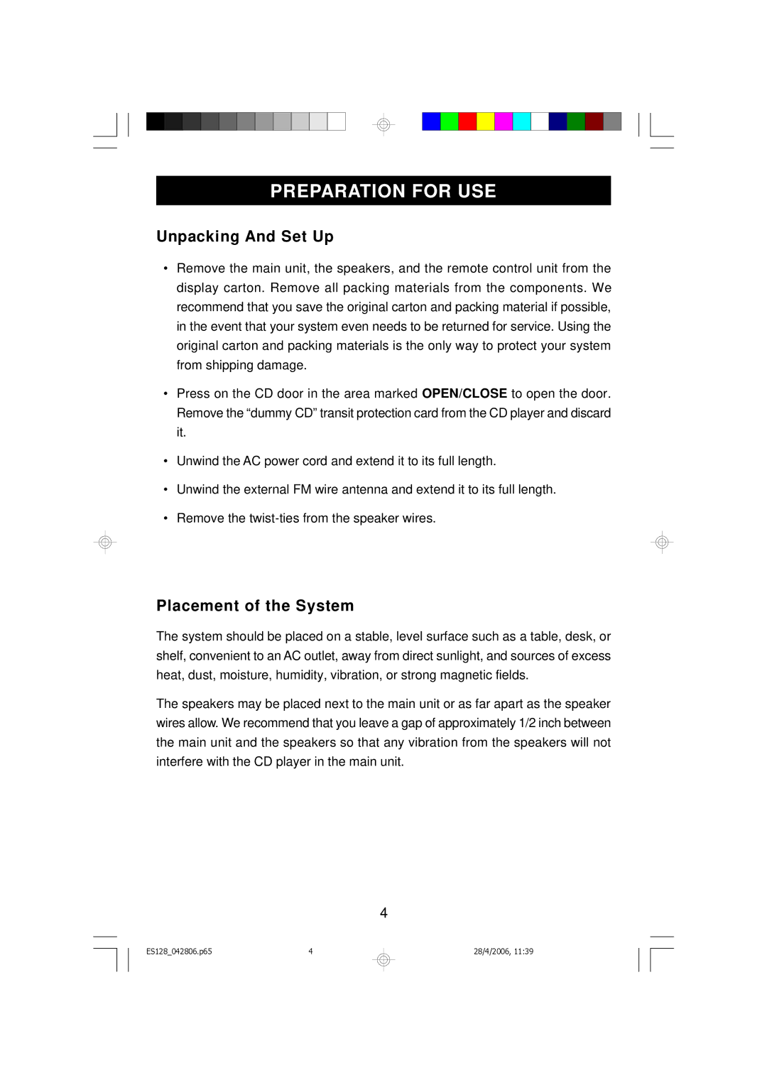 Emerson ES128 owner manual Preparation for USE, Unpacking And Set Up, Placement of the System 