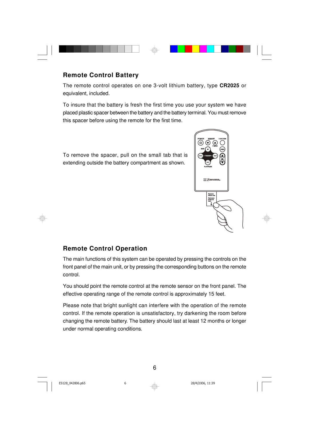 Emerson ES128 owner manual Remote Control Battery, Remote Control Operation 