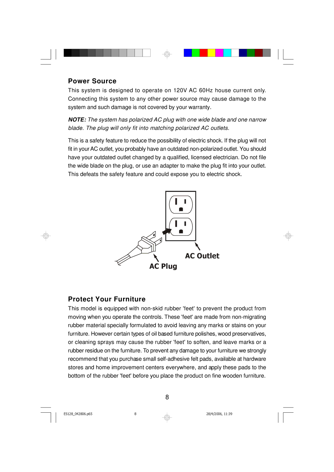 Emerson ES128 owner manual Power Source, Protect Your Furniture 