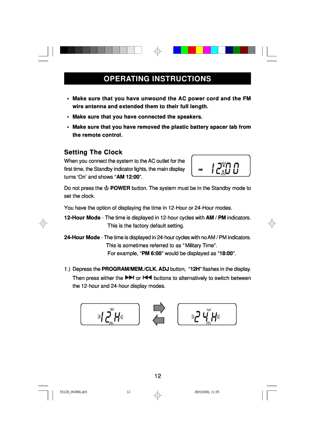 Emerson ES128 owner manual Operating Instructions, Setting The Clock 