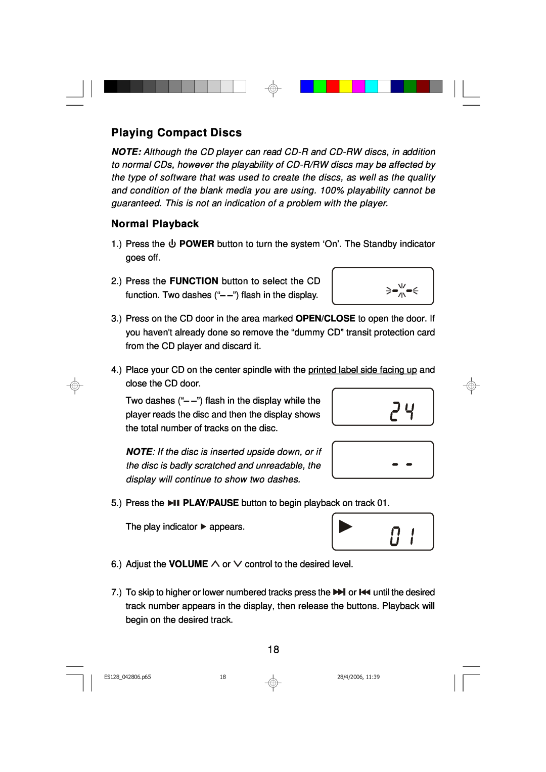 Emerson ES128 owner manual Playing Compact Discs, Normal Playback 