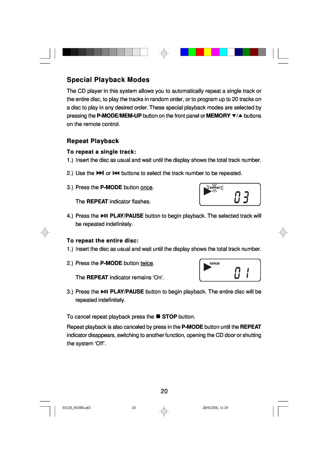 Emerson ES128 owner manual Special Playback Modes, Repeat Playback 