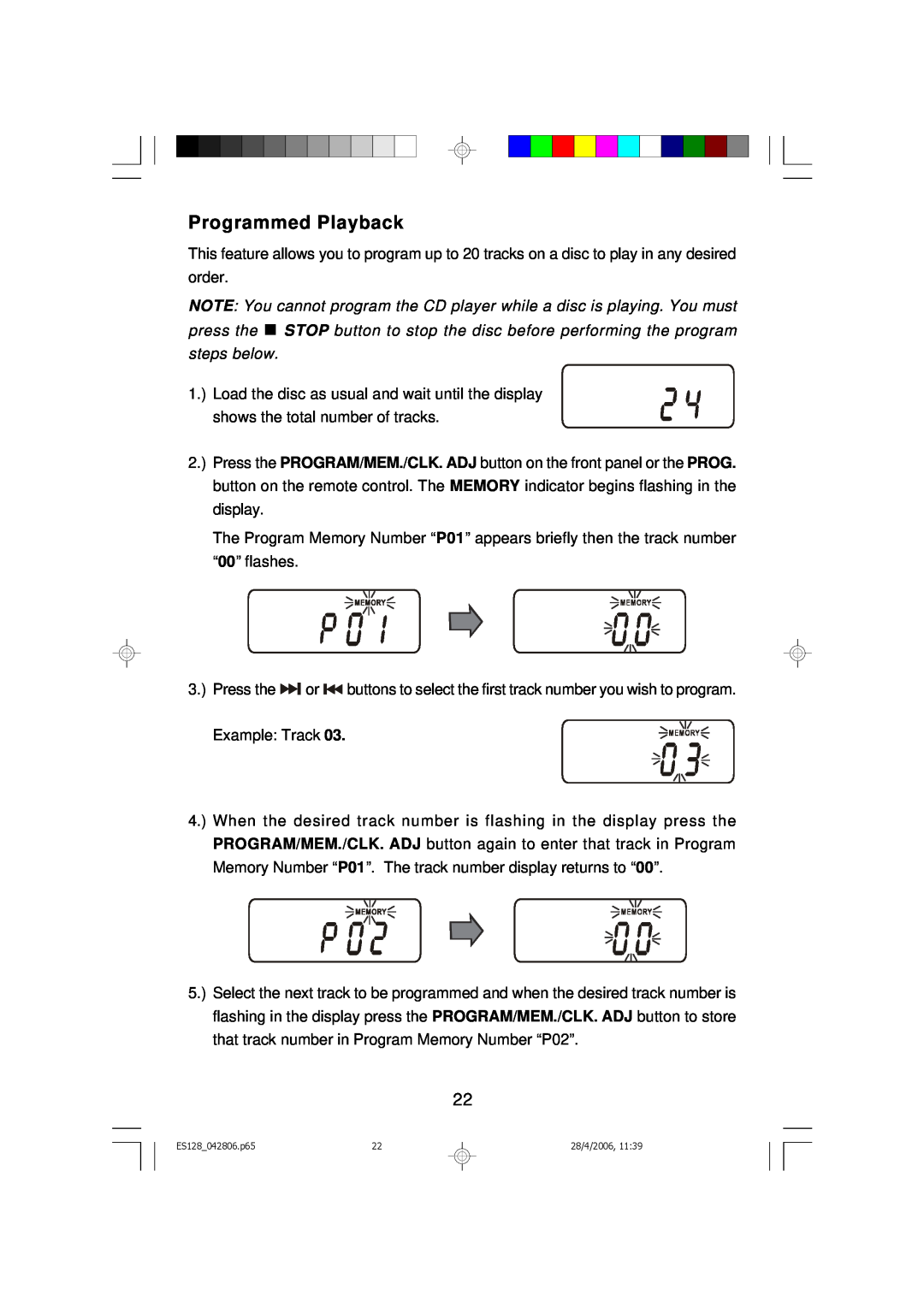 Emerson ES128 owner manual Programmed Playback 