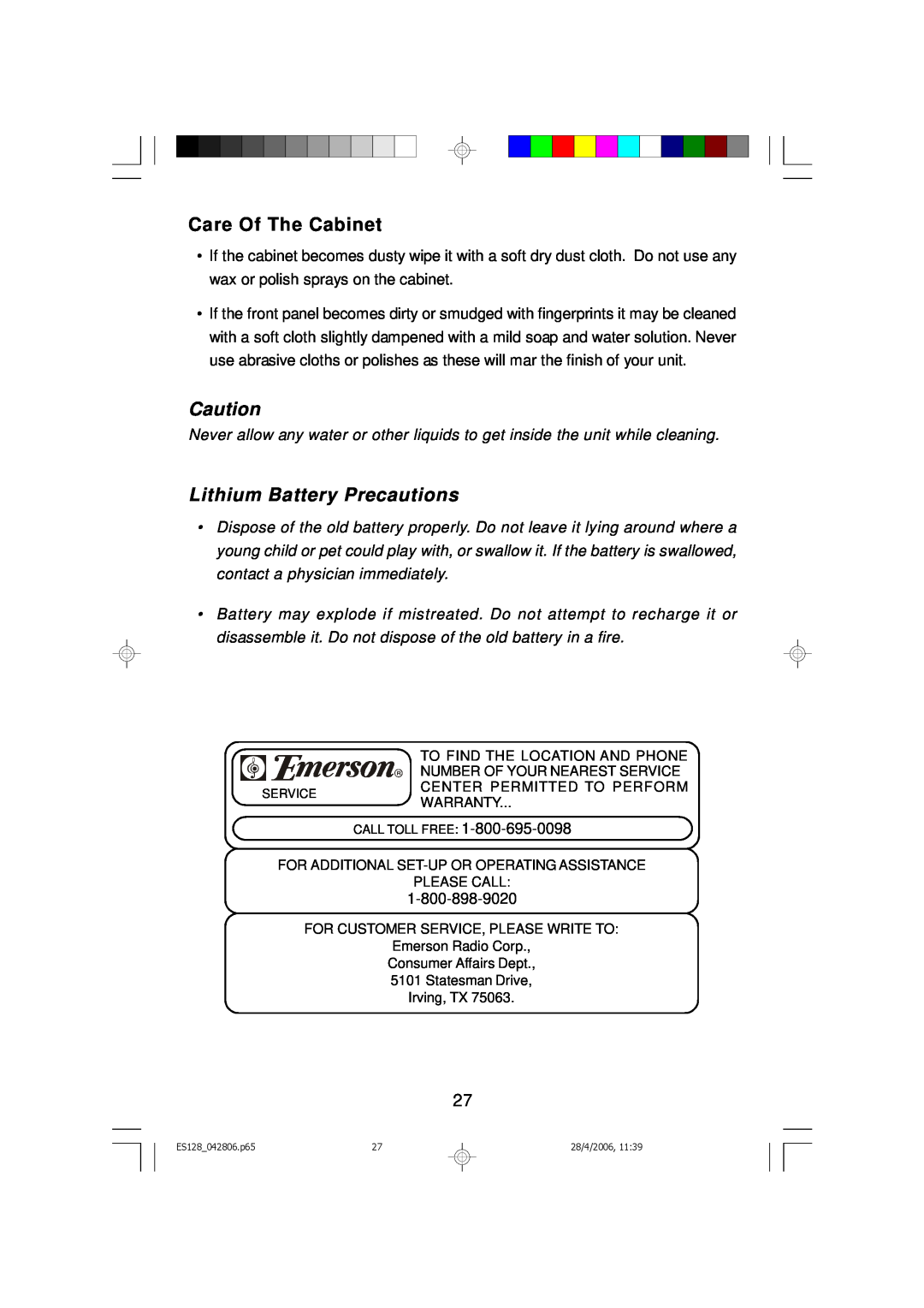 Emerson ES128 owner manual Care Of The Cabinet, Lithium Battery Precautions 