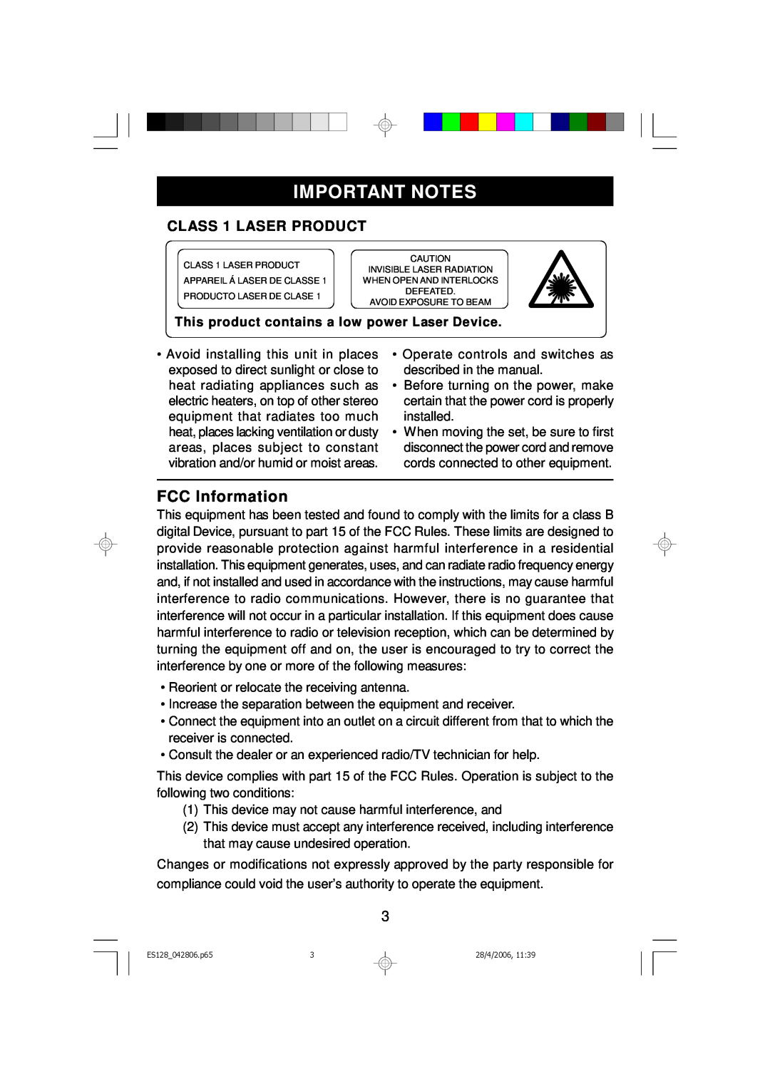 Emerson ES128 owner manual Important Notes, FCC Information, CLASS 1 LASER PRODUCT 