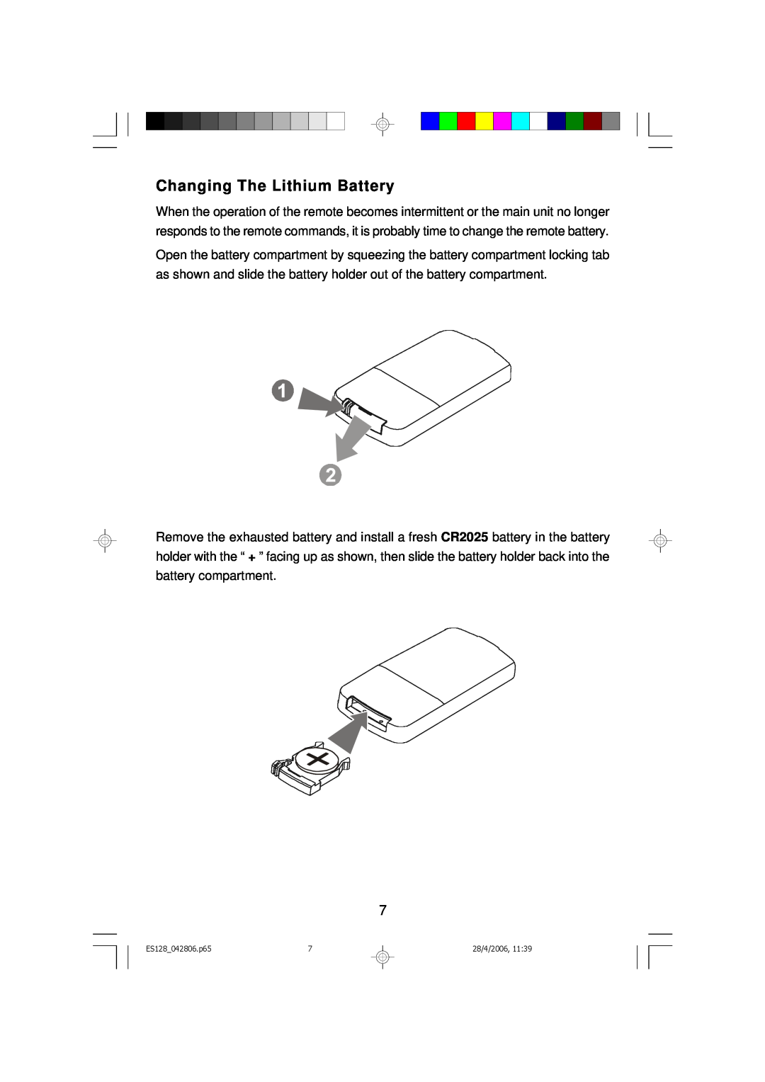 Emerson owner manual Changing The Lithium Battery, ES128 042806.p65, 28/4/2006 