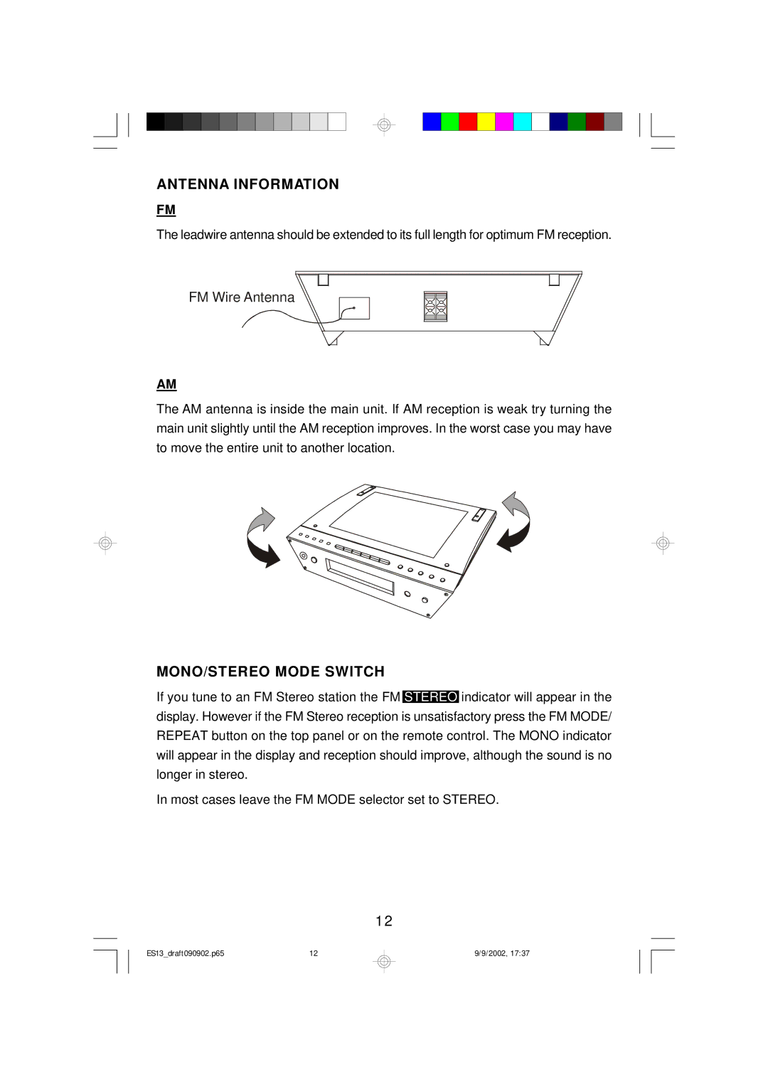 Emerson ES13 owner manual Antenna Information, MONO/STEREO Mode Switch 