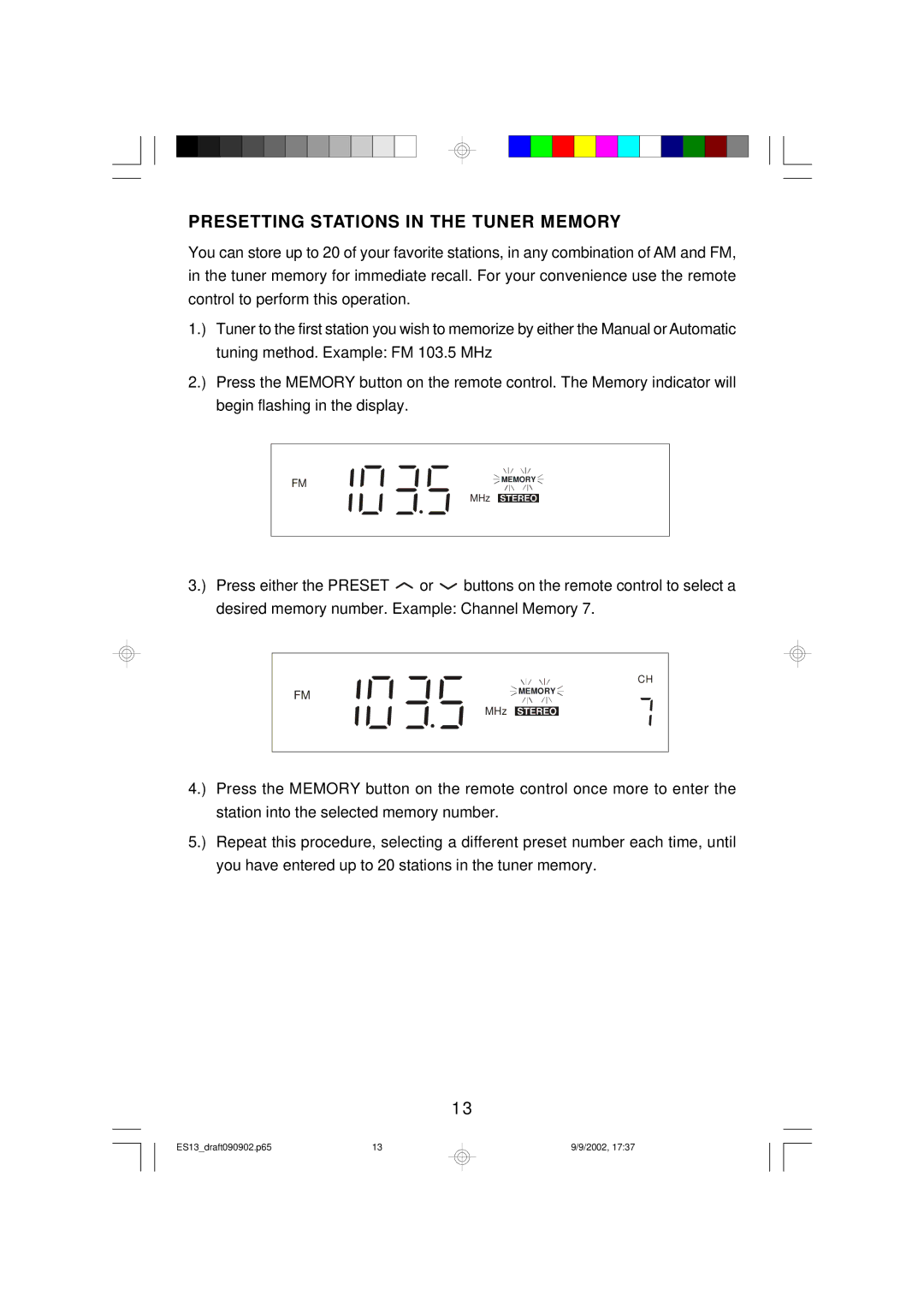 Emerson ES13 owner manual Presetting Stations in the Tuner Memory 