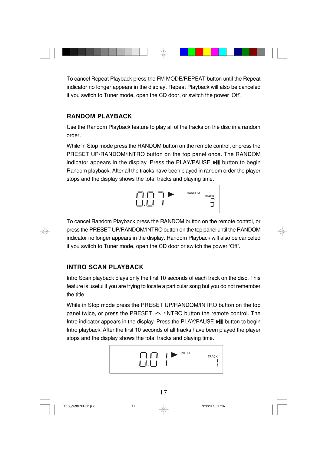 Emerson ES13 owner manual Random Playback, Intro Scan Playback 