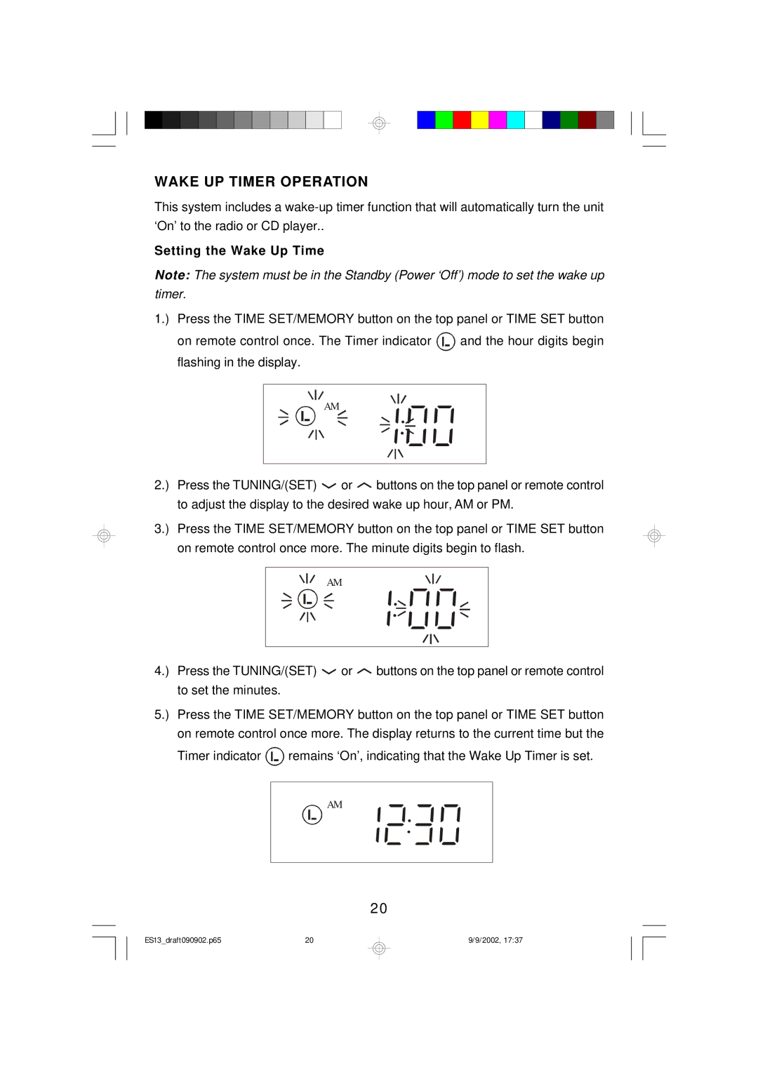 Emerson ES13 owner manual Wake UP Timer Operation, Setting the Wake Up Time 