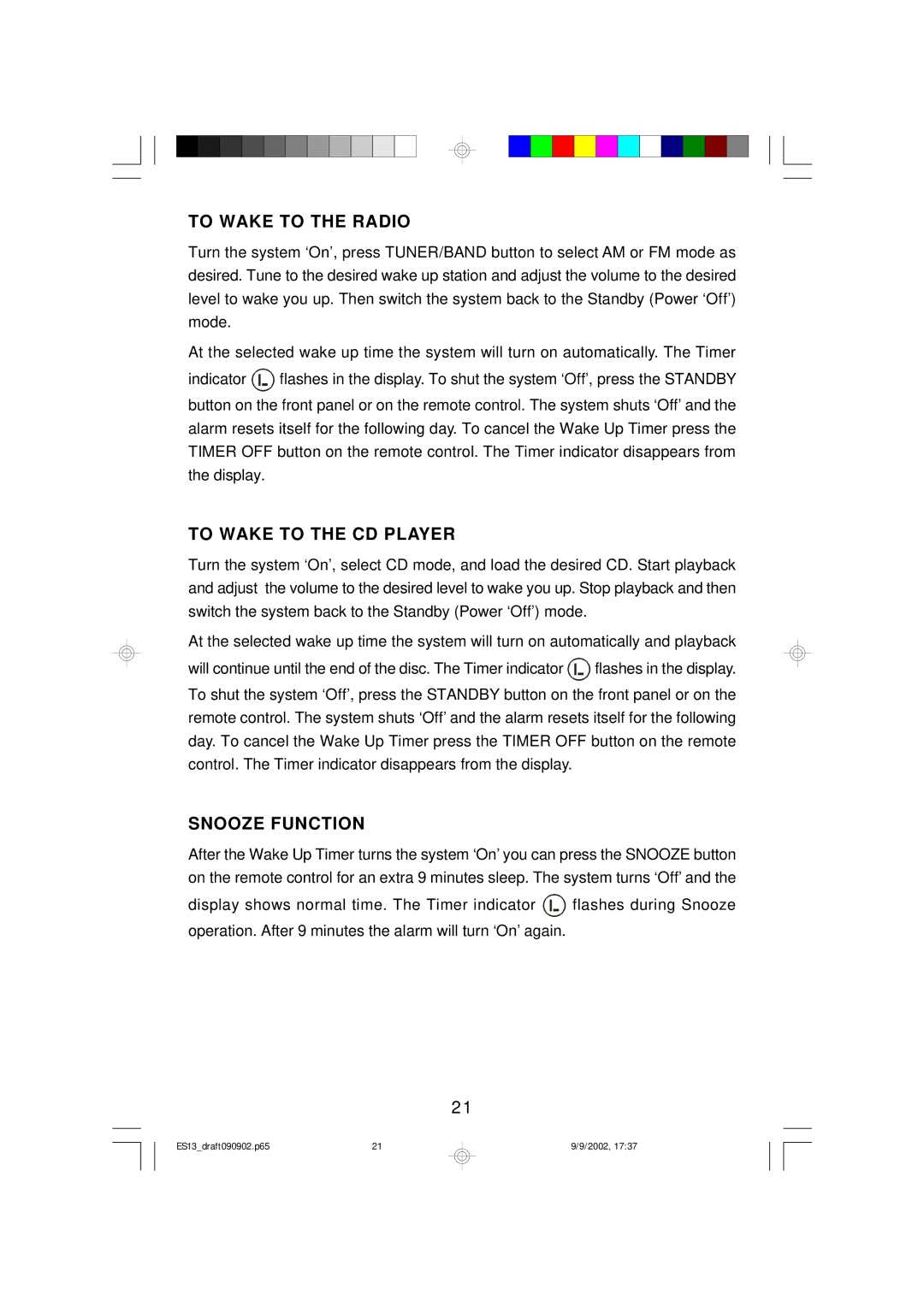 Emerson ES13 owner manual To Wake to the Radio, To Wake to the CD Player, Snooze Function 