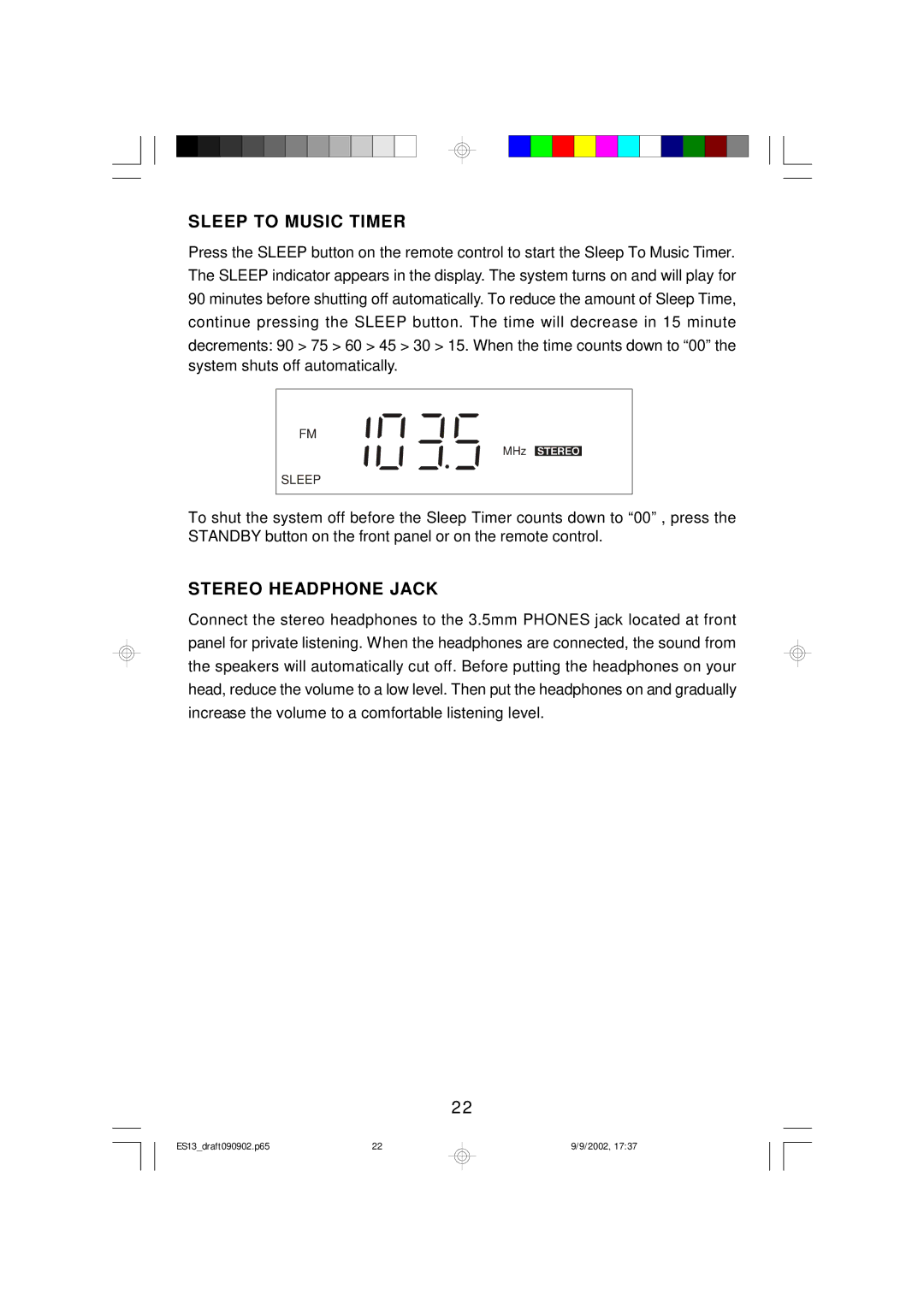 Emerson ES13 owner manual Sleep to Music Timer, Stereo Headphone Jack 