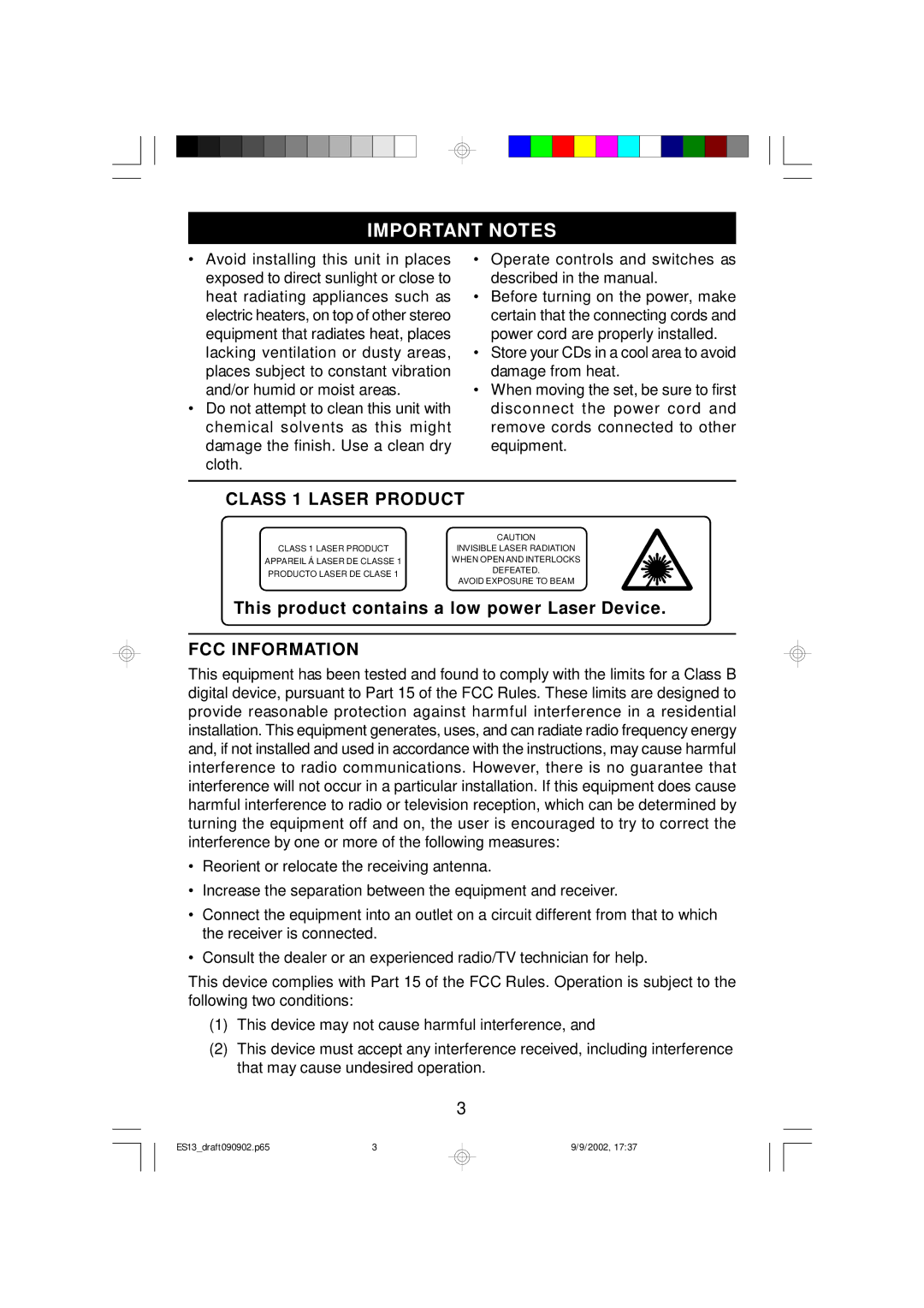 Emerson ES13 owner manual Important Notes, Class 1 Laser Product, FCC Information 