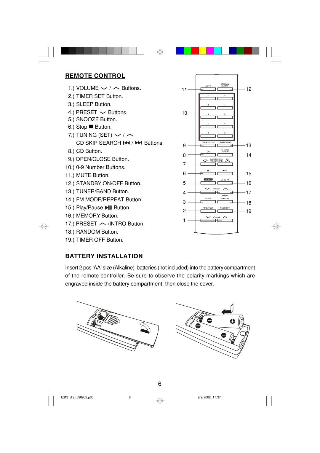 Emerson ES13 owner manual Remote Control, Battery Installation 