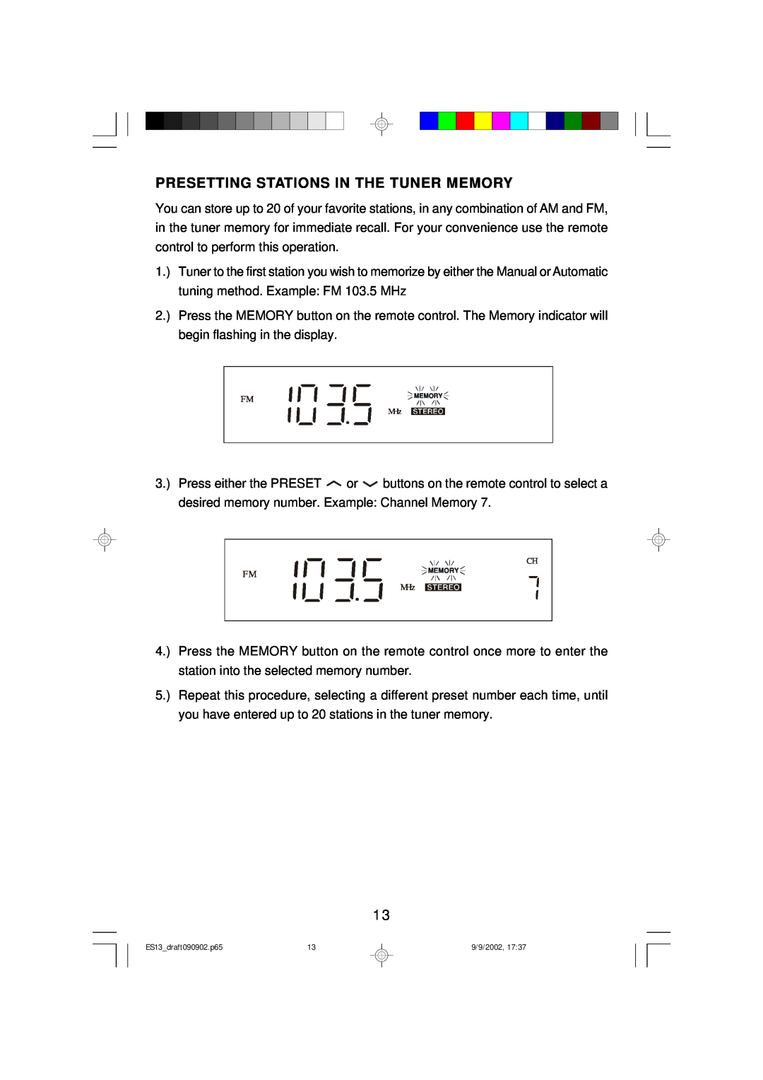 Emerson ES13 owner manual Presetting Stations In The Tuner Memory 