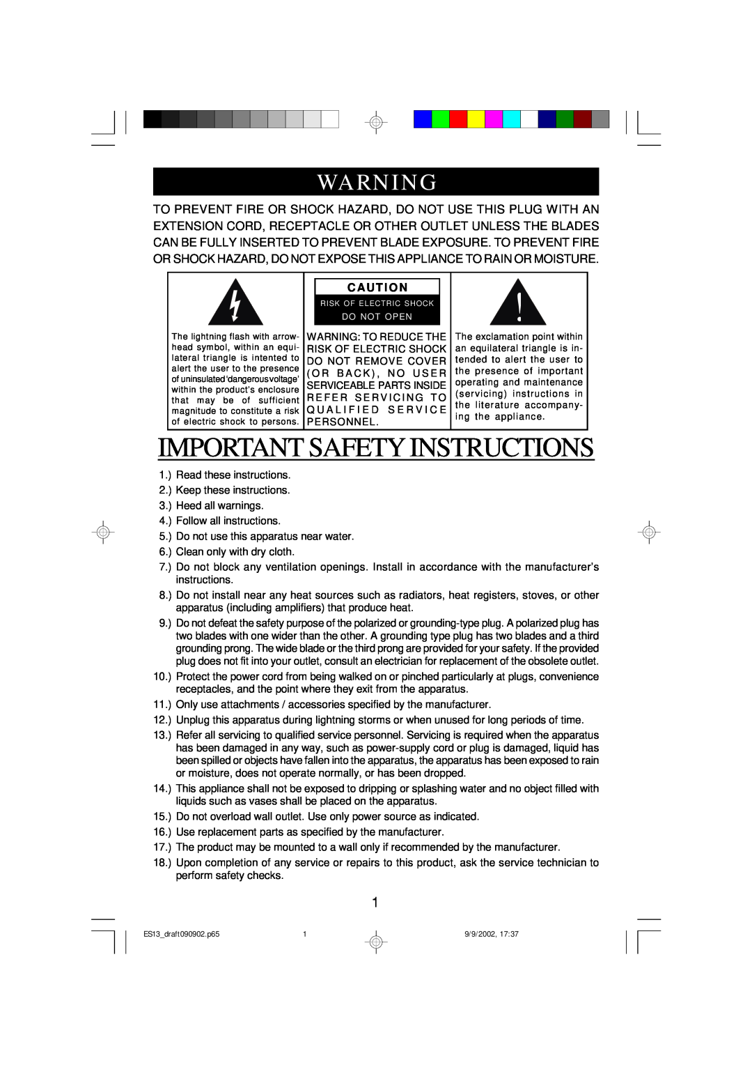 Emerson ES13 owner manual Important Safety Instructions, Warni Ng, Caut I On 