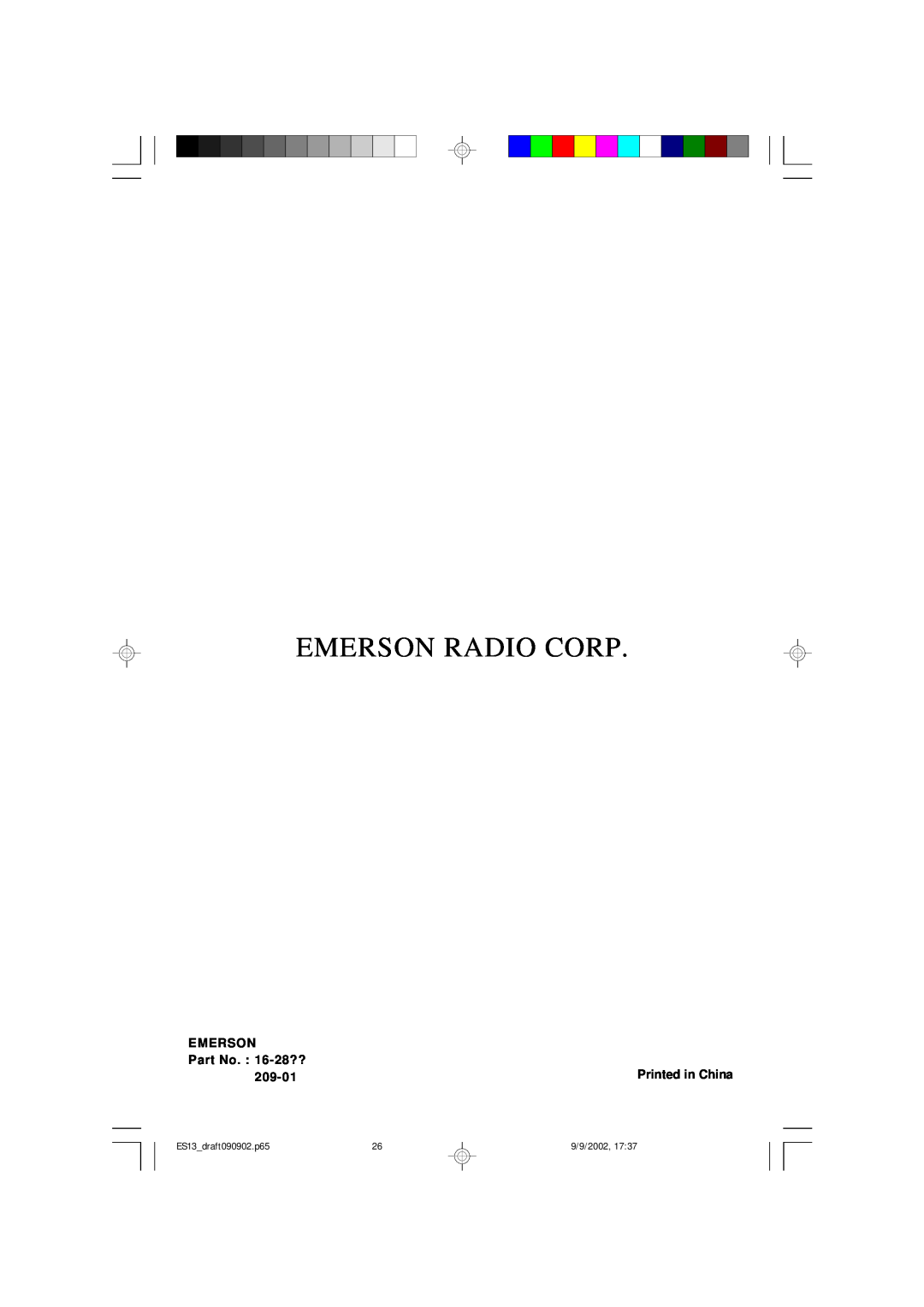 Emerson owner manual Emerson Radio Corp, Part No. 16-28??, 209-01, ES13 draft090902.p65, 9/9/2002 
