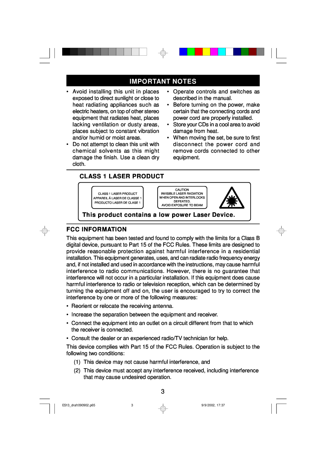 Emerson ES13 Important Notes, CLASS 1 LASER PRODUCT, This product contains a low power Laser Device, Fcc Information 