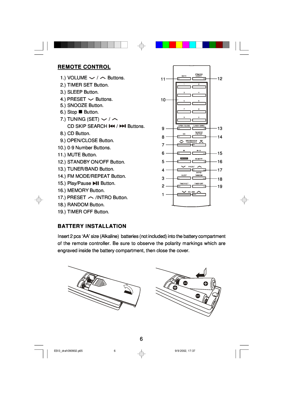 Emerson ES13 owner manual Remote Control, Battery Installation 