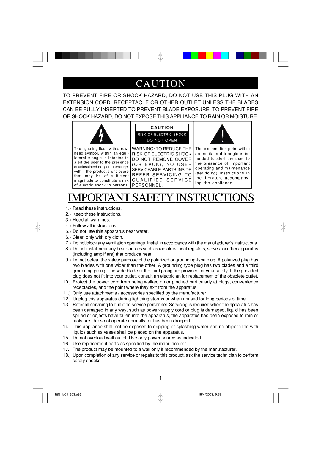 Emerson ES2BK, ES2S owner manual Important Safety Instructions 