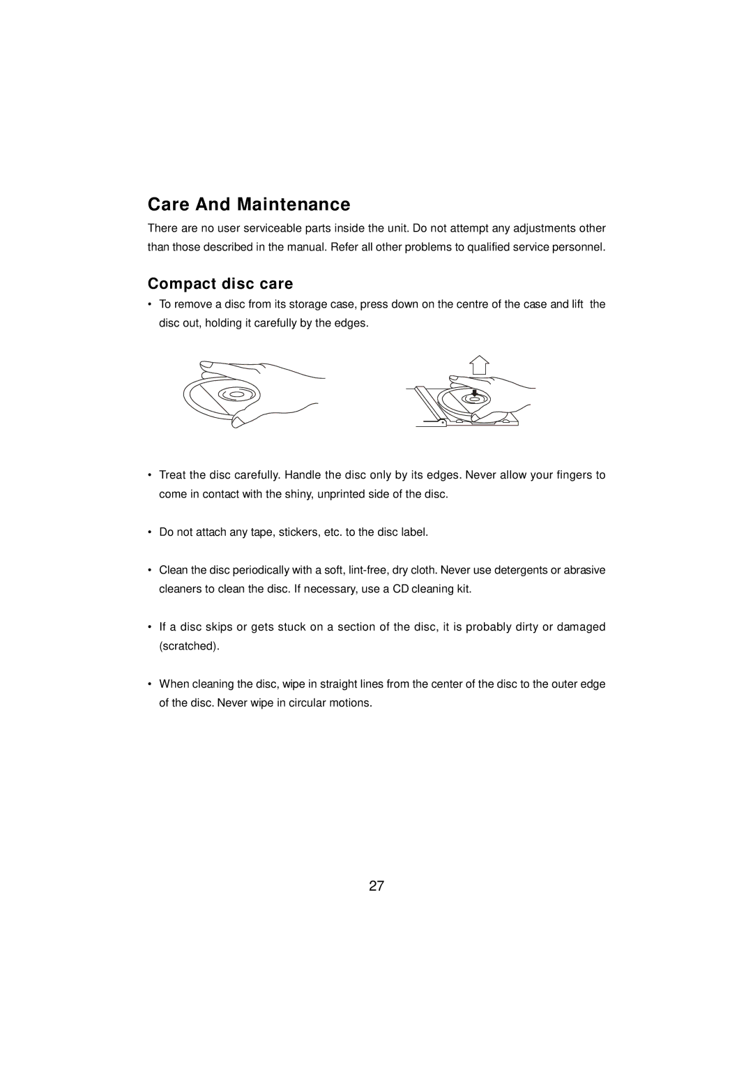 Emerson ES2S, ES2BK owner manual Care And Maintenance, Compact disc care 