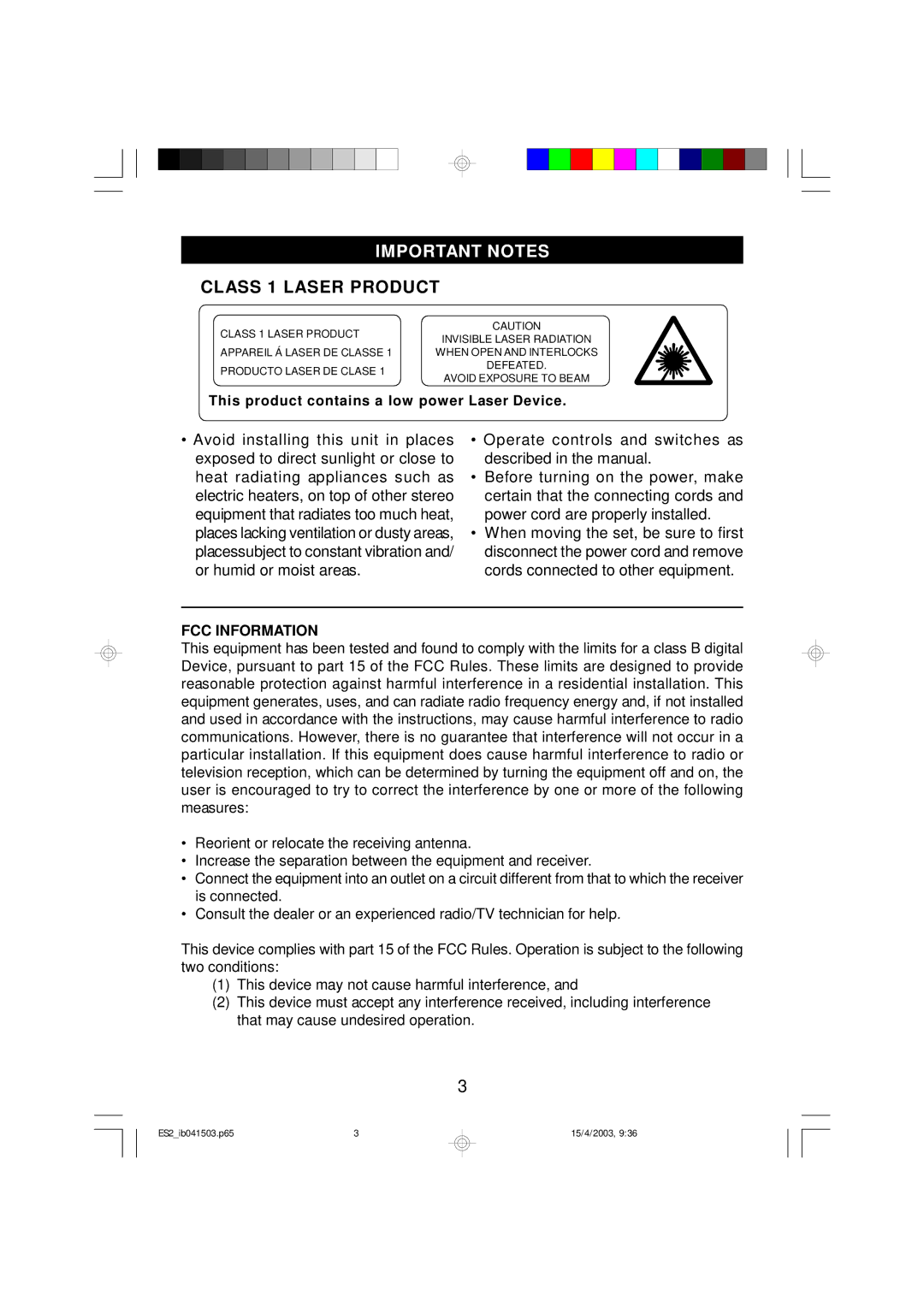 Emerson ES2S, ES2BK owner manual Important Notes 