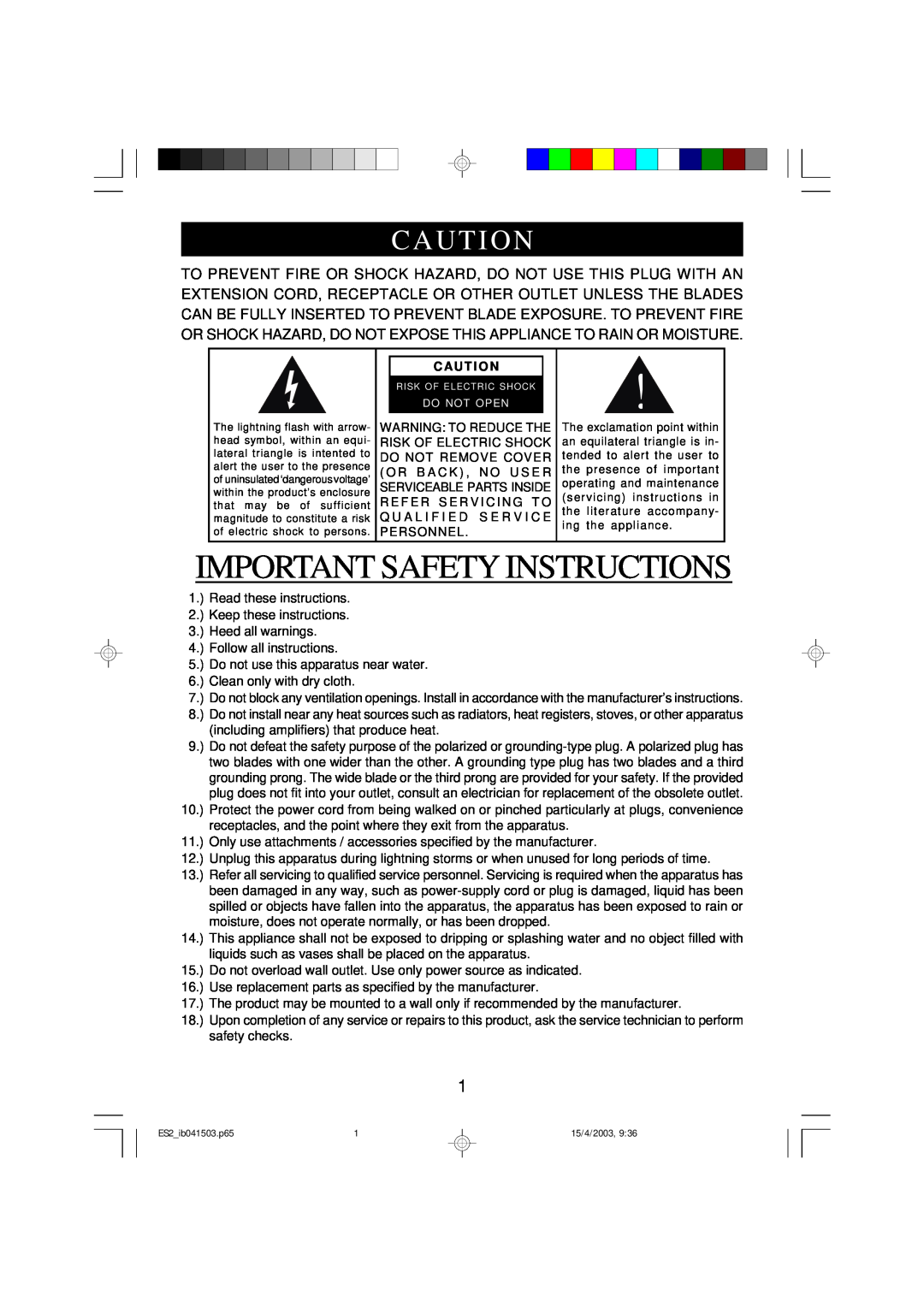 Emerson ES2BK, ES2S owner manual Important Safety Instructions, Caut I On, Caut I O N 
