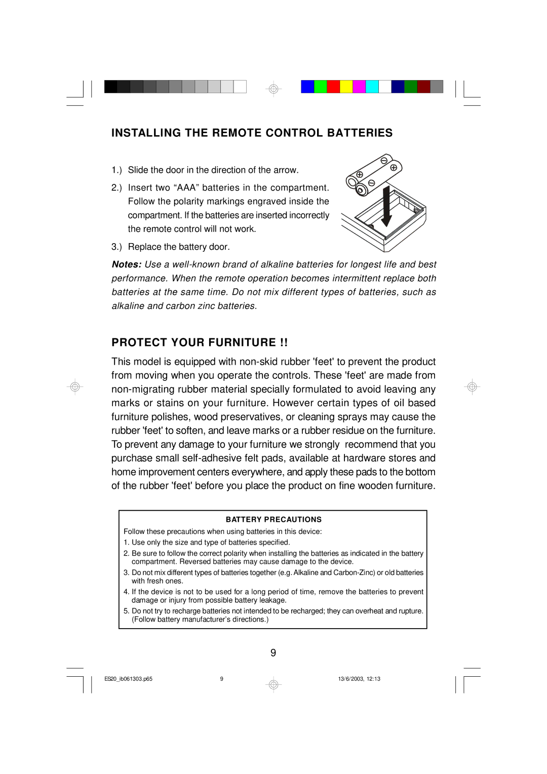 Emerson ES20 owner manual Installing the Remote Control Batteries, Protect Your Furniture 