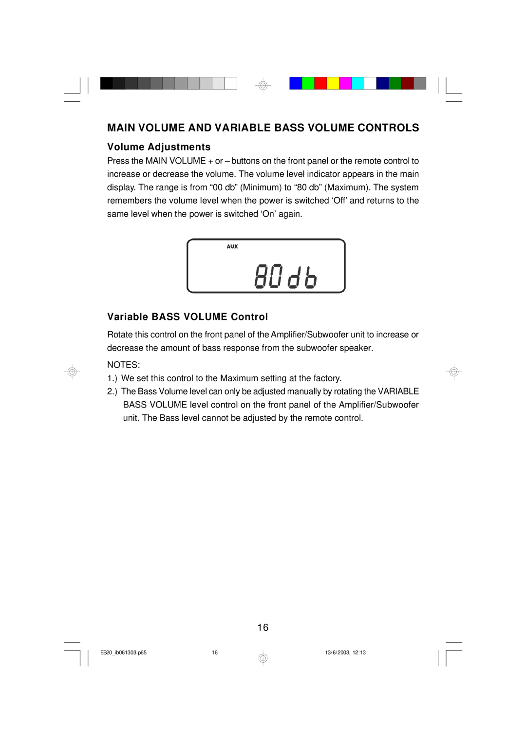 Emerson ES20 owner manual Main Volume and Variable Bass Volume Controls, Volume Adjustments 