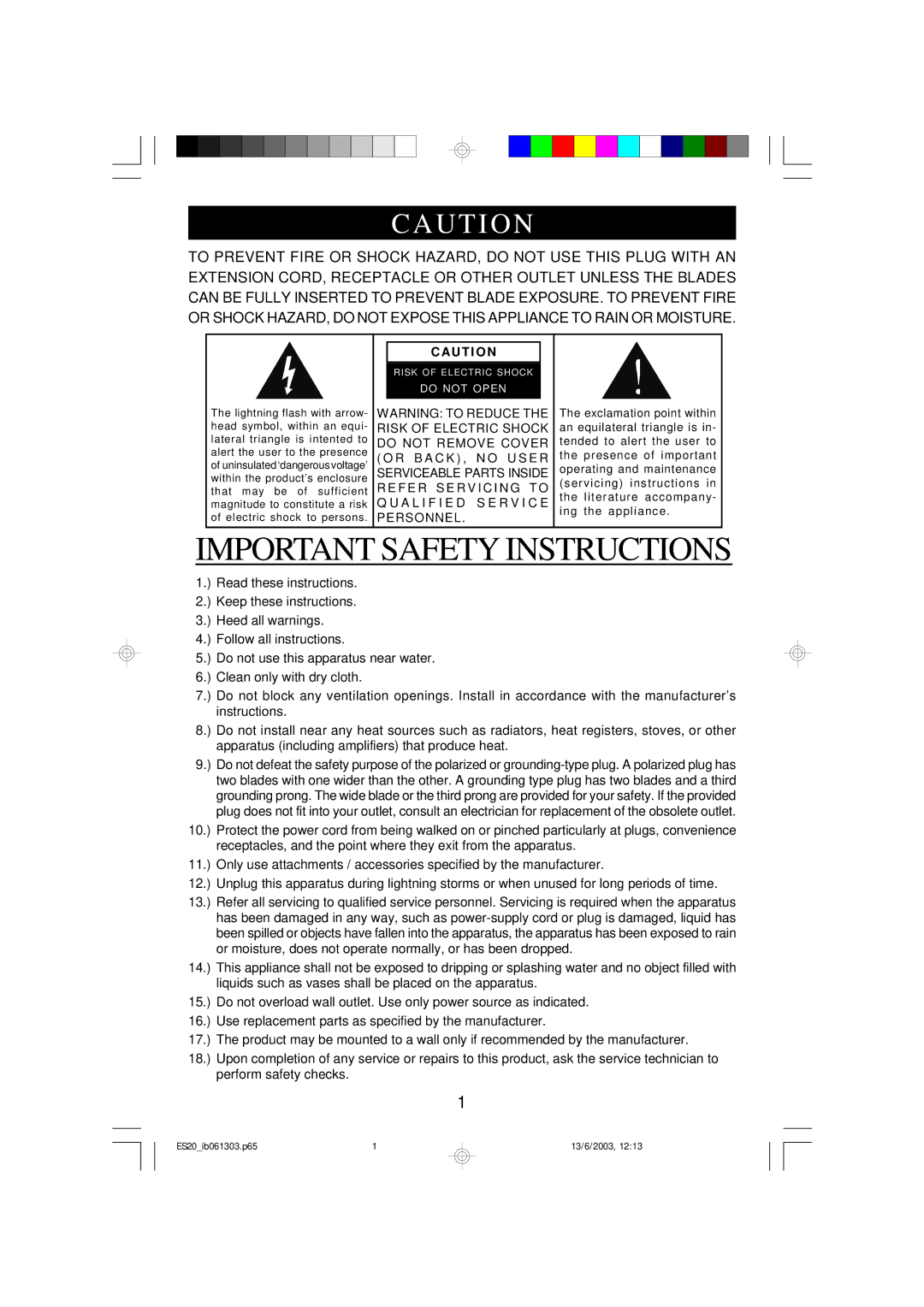 Emerson ES20 owner manual Important Safety Instructions 