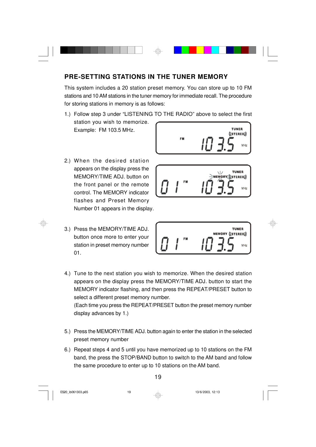 Emerson ES20 owner manual PRE-SETTING Stations in the Tuner Memory 