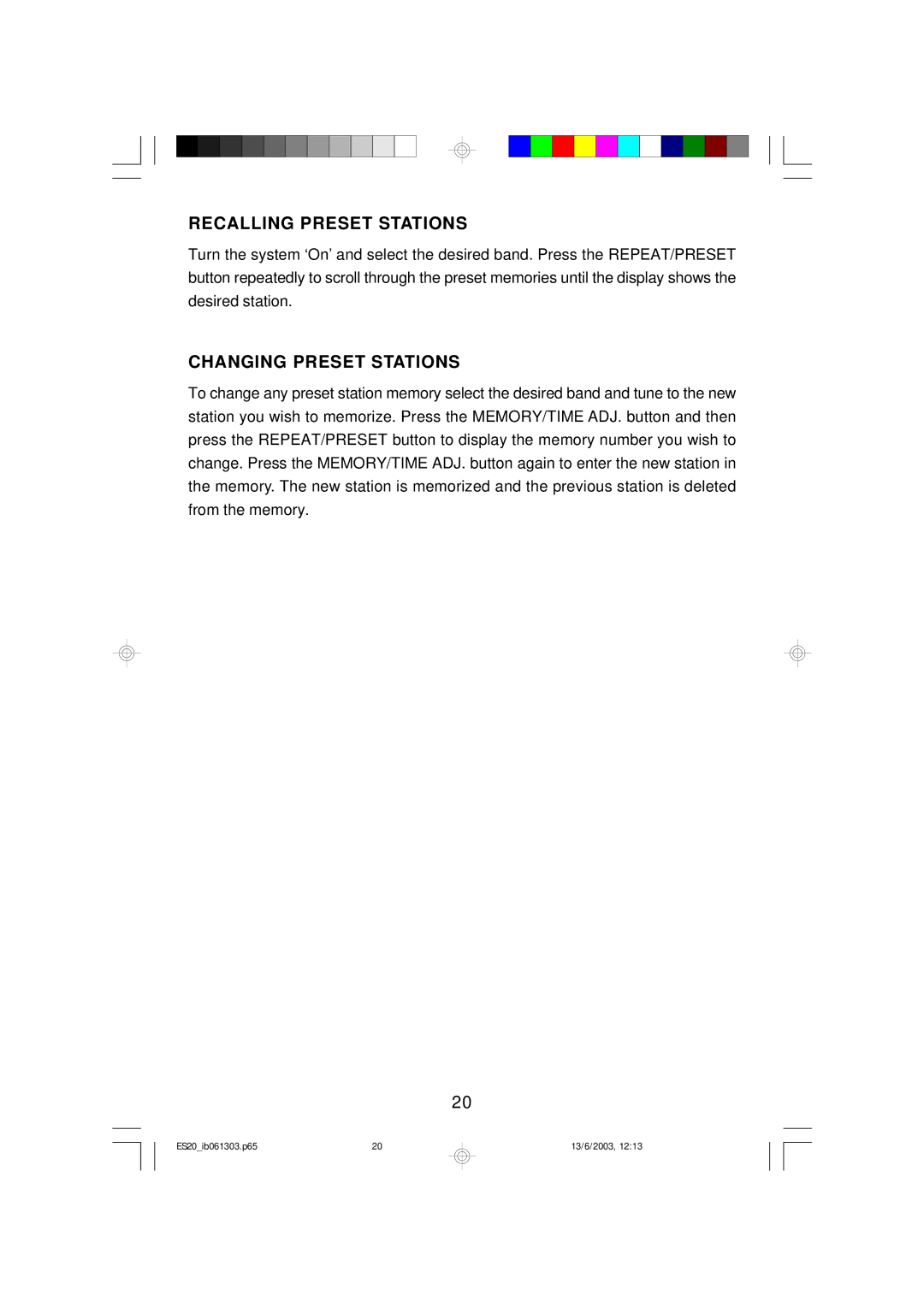 Emerson ES20 owner manual Recalling Preset Stations 