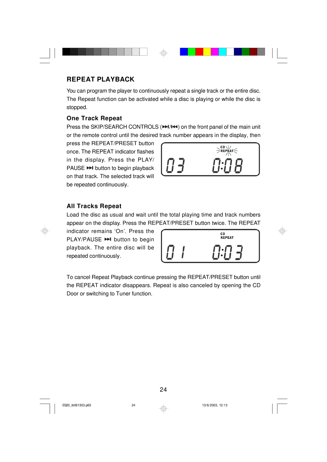 Emerson ES20 owner manual Repeat Playback, One Track Repeat, All Tracks Repeat 